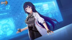 Rule 34 | 1girl, belt, breasts, choker, closed mouth, fingerless gloves, glasses, gloves, highres, honkai (series), honkai impact 3rd, lab coat, large breasts, logo, long hair, looking at viewer, mei (honkai impact), official art, official wallpaper, open hand, round eyewear, smile, solo, standing, upper body