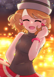 Rule 34 | 1girl, :d, blurry, blush, bracelet, breasts, brown vest, closed eyes, commentary request, creatures (company), earrings, eyelashes, facing viewer, game freak, grey hat, hand up, happy, hat, highres, jewelry, medium hair, nintendo, open mouth, pokemon, pokemon (anime), pokemon journeys, pokemon swsh105, red skirt, serena (pokemon), skirt, smile, solo, sweater vest, tongue, usiusi nanas, vest