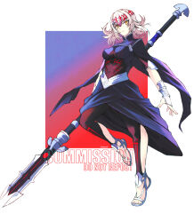 Rule 34 | 1girl, absurdres, alternate form, blonde hair, commission, fate/grand order, fate (series), full body, highres, holding, holding polearm, holding weapon, moedredd, polearm, pollux (fate), sandals, solo, spear, weapon, yellow eyes