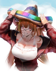 Rule 34 | 1girl, absurdres, arms up, black-framed eyewear, blonde hair, blouse, bow, breasts, cleavage, commentary request, dragon girl, dragon horns, frilled shirt, frills, glasses, grin, hands on headwear, hat, highres, hololive, horn bow, horn ornament, horns, jacket, kiryu coco, kiryu coco (loungewear), large breasts, long hair, long sleeves, looking at viewer, multicolored clothes, multicolored hair, multicolored hat, orange hair, partially unzipped, pointy ears, red eyes, red jacket, shirt, sleeveless, sleeveless shirt, smile, solo, sombrero, streaked hair, upper body, virtual youtuber, wanne, white shirt
