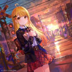 Rule 34 | 1girl, ahoge, backlighting, backpack, bag, belt, black jacket, blazer, blonde hair, bow, bowtie, braid, brooch, building, cityscape, cloud, copyright notice, fuzichoco, hair ornament, hands on own chest, highres, hololive, jacket, jewelry, long hair, long sleeves, looking at viewer, multiple belts, official art, open clothes, open jacket, orange eyes, outdoors, parted lips, plaid, plaid skirt, pleated skirt, railroad crossing, red skirt, scenery, school uniform, shirt, skirt, solo, standing, sunlight, sunset, virtual youtuber, watermark, white shirt, yozora mel
