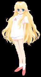 Rule 34 | 1girl, bare shoulders, blonde hair, blue eyes, elf, full body, long hair, looking at viewer, lowres, non-web source, ooyari ashito, original, pink footwear, pointy ears, shirt, short shorts, short sleeves, shorts, socks, solo, transparent background, very long hair, white shirt, white shorts, white socks