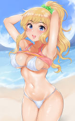 Rule 34 | 1girl, armpits, bare shoulders, bikini, blonde hair, blue eyes, blush, breasts, cleavage, collarbone, commentary request, day, genmon, hair ornament, highres, idolmaster, idolmaster cinderella girls, jewelry, large breasts, long hair, looking at viewer, navel, necklace, ocean, ohtsuki yui, open mouth, outdoors, ponytail, smile, solo, swimsuit, wavy hair, white bikini