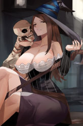 Rule 34 | 1girl, bare shoulders, blazpu, breasts, brown eyes, brown hair, cleavage, curvy, detached sleeves, dragon&#039;s crown, dress, hat, highres, holding, holding skull, large breasts, crossed legs, long hair, parted lips, pink lips, sitting, skill, skull, sorceress (dragon&#039;s crown), staff, strapless, strapless dress, thighs, witch hat