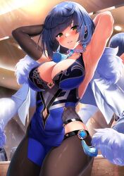 Rule 34 | 1girl, armpits, arms behind head, arms up, asymmetrical gloves, bare shoulders, black gloves, black hair, black pants, blue dress, blue hair, blush, bob cut, breasts, cleavage, cleavage cutout, clothing cutout, diagonal bangs, dice, dress, earrings, elbow gloves, fur-trimmed jacket, fur trim, genshin impact, gloves, green eyes, grin, highres, jacket, jacket on shoulders, jewelry, kawai (purplrpouni), large breasts, looking at viewer, mirror, mismatched gloves, mole, mole on breast, multicolored hair, navel, navel cutout, neck ring, pants, pelvic curtain, reflection, short hair, smile, solo, sweat, tassel, thighs, tight clothes, tight pants, two-tone hair, vision (genshin impact), white jacket, yelan (genshin impact)