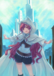 Rule 34 | 1girl, :d, animal ears, black shorts, cape, cat ears, contrapposto, day, eris greyrat, fake animal ears, highres, hood, hood up, hooded, long hair, long sleeves, mushoku tensei, open mouth, outdoors, outstretched arms, red eyes, red hair, shirt, short shorts, shorts, smile, solo, very long hair, white shirt, yano takumi
