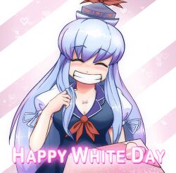 Rule 34 | 1girl, ^ ^, blue dress, blue hair, blue hat, blush, breasts, cleavage, closed eyes, collared dress, commentary, dress, english commentary, facing viewer, gift, grin, happy white day, hat, hat ribbon, heart, jewelry, kamishirasawa keine, korean commentary, long hair, medium breasts, mirae somang, mixed-language commentary, neckerchief, necklace, pink background, puffy short sleeves, puffy sleeves, red neckerchief, red ribbon, ribbon, short sleeves, smile, solo, striped background, teeth, touhou, twirling hair, upper body, white background, white day