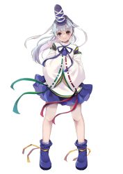 Rule 34 | 1girl, blue footwear, blue hat, blue skirt, closed mouth, full body, grey eyes, grey hair, hat, highres, japanese clothes, kariginu, long hair, long sleeves, looking at viewer, mononobe no futo, ponta (wwtaimeww), ponytail, ribbon-trimmed sleeves, ribbon trim, simple background, skirt, smile, solo, standing, tate eboshi, touhou, white background, wide sleeves