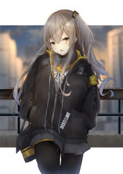 Rule 34 | 1girl, absurdres, aratake, black jacket, black pantyhose, blurry, blurry background, blush, breasts, brown eyes, feet out of frame, girls&#039; frontline, grey hair, grey skirt, hands in pockets, highres, hood, hooded jacket, jacket, long hair, long sleeves, looking at viewer, neck ribbon, open mouth, pantyhose, ribbon, scar, scar across eye, shirt, side ponytail, simple background, skirt, small breasts, solo, standing, steam from mouth, ump45 (girls&#039; frontline), white shirt