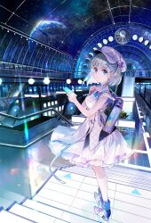 Rule 34 | 1girl, blue eyes, dress, earth (planet), fuzichoco, hat, highres, looking at viewer, original, phone, planet, short hair, sky, smile, solo, space, standing, star (sky), starry sky, train station, white dress