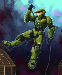 Rule 34 | 1boy, absurdres, armor, cable, chris obrooks, commentary, english commentary, from side, halo: combat evolved, halo (series), helmet, highres, holding hands, looking down, male focus, master chief, power armor, science fiction, solo