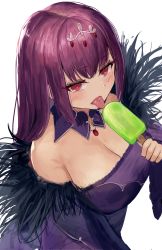 Rule 34 | 1girl, absurdres, breasts, cleavage, dress, eating, fate/grand order, fate (series), feather trim, food, from above, fur-trimmed dress, fur trim, hair between eyes, headpiece, highres, holding, holding food, hoshibudou, large breasts, popsicle, purple dress, purple ribbon, red eyes, ribbon, scathach (fate), scathach skadi (fate), simple background, solo, tiara, tongue, white background