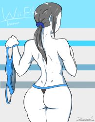 Rule 34 | 1girl, artist name, ass, black hair, colored skin, facing away, female focus, from behind, nintendo, panties, ponytail, solo, topless, underwear, undressing, white skin, wii fit, wii fit trainer, wii fit trainer (female), zero momentai
