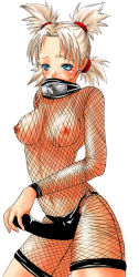 Rule 34 | 1girl, artist request, blonde hair, blue eyes, bodysuit, breasts, covered erect nipples, dildo, embarrassed, fishnet bodysuit, fishnets, forehead protector, medium breasts, naruto, naruto (series), nipples, quad tails, sex toy, simple background, solo, strap-on, sweatdrop, temari (naruto), white background