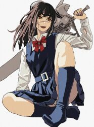 Rule 34 | 1girl, black hair, blue jacket, blue skirt, bow, chainsaw man, facial scar, fourth east high school uniform, highres, holding, holding sword, holding weapon, jacket, panties, panty peek, red bow, scar, scar on cheek, scar on face, scar on nose, school uniform, shiren (ourboy83), shirt, skirt, solo, sword, underwear, weapon, white background, white panties, white shirt, yellow eyes, yoru (chainsaw man)