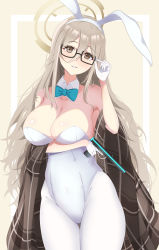 Rule 34 | 1girl, absurdly long hair, absurdres, akane (blue archive), akane (bunny) (blue archive), animal ears, bare shoulders, blue archive, blush, border, bow, bowtie, breasts, cleavage, earrings, fake animal ears, glasses, halo, highres, jewelry, kana (wucz8478), large breasts, light brown hair, long hair, looking at viewer, smile, solo, very long hair, wavy hair, white border
