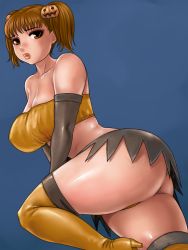 Rule 34 | 1girl, ass, ass focus, bandeau, blue background, blush, boots, breasts, brown eyes, brown hair, elbow gloves, gloves, halloween, huge ass, large breasts, lips, matoyama, short hair, skirt, solo, strapless, thigh boots, thighhighs, tube top, twintails