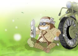 Rule 34 | 1970s (style), 1boy, alcohol, bandana, belt, boots, bottle, brown hair, drunk, facial hair, falling leaves, fat, fat man, furasukodoggu, glasses, grass, grin, happy, imperial japanese army, leaf, long hair, matsumoto leiji (style), military, military uniform, motor vehicle, motorcycle, mustache, official style, oldschool, pfc kodai, retro artstyle, sake, sitting, smile, soldier, the cockpit, the cockpit: knight of the iron dragon, tire, uniform, world war ii