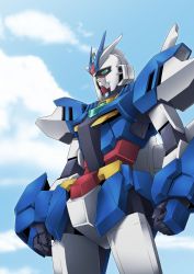 Rule 34 | clenched hands, cloud, commentary, earthree gundam, english commentary, green eyes, gundam, gundam build divers, gundam build divers re:rise, highres, looking at viewer, mecha, mobile suit, no humans, robot, science, sky, solo, v-fin, yuuyatails