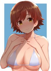 Rule 34 | 1girl, bare arms, bare shoulders, bikini, blue background, blush, border, breasts, brown hair, cleavage, closed mouth, collarbone, hands on own chest, honda mio, idolmaster, idolmaster cinderella girls, large breasts, looking at viewer, outside border, short hair, simple background, smile, solo, swimsuit, tomajiyama, underboob, upper body, white bikini, white border, yellow eyes