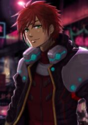 Rule 34 | 1boy, black jacket, blurry, blurry background, closed mouth, commentary request, green eyes, highres, jacket, long sleeves, looking at viewer, love misery, male focus, medium bangs, meister (ragnarok online), open clothes, open jacket, ragnarok online, red hair, red shirt, shirt, short hair, smile, solo, upper body