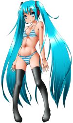 Rule 34 | 1girl, aqua eyes, aqua hair, bikini, black thighhighs, breasts, dr rex, full body, hatsune miku, headset, highres, long hair, looking at viewer, navel, panties, small breasts, solo, standing, striped bikini, striped clothes, striped panties, swimsuit, tattoo, thighhighs, twintails, underwear, very long hair, vocaloid, vocaloid boxart pose, white background