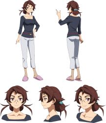 Rule 34 | 1girl, ass, brown eyes, brown hair, character sheet, glasses, gundam, gundam build divers, gundam build divers re:rise, hand on own hip, highres, kuga yuriko (gundam build divers re:rise), looking at viewer, mature female, multiple views, official art, one eye closed, slippers, transparent background