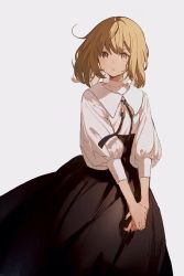 Rule 34 | 1girl, black ribbon, black skirt, blonde hair, brown eyes, closed mouth, expressionless, hana moto, highres, long skirt, long sleeves, looking at viewer, medium hair, neck ribbon, original, own hands together, ribbon, shirt, simple background, skirt, solo, standing, white background, white shirt