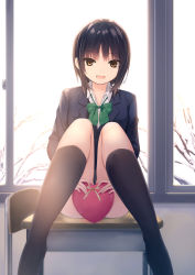 Rule 34 | 1girl, aoyama sumika, bare tree, black hair, black socks, blue jacket, bow, bowtie, brown eyes, candy, chair, chocolate, chocolate heart, classroom, coffee-kizoku, collared shirt, day, desk, food, green bow, green bowtie, heart, highres, indoors, jacket, kneehighs, knees up, looking at viewer, loose bowtie, no shoes, on desk, open mouth, original, school, school chair, school desk, school uniform, shirt, short hair, sitting, snow, socks, solo, thighs, tree, uniform, valentine, white shirt, window