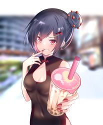 Rule 34 | 1girl, bat hair ornament, black dress, black hair, breasts, bubble tea, china dress, chinese clothes, cleavage, commentary, corona-chan, covered navel, day, dress, drinking straw, earrings, english commentary, finger to mouth, hair bun, hair ornament, hairclip, hairpin, highres, incoming drink, indirect kiss, jewelry, looking at viewer, medium breasts, medium hair, moleshi, multicolored hair, nail polish, original, outdoors, pink hair, red eyes, red nails, side bun, single side bun, sleeveless, smirk, smug, solo, standing, two-tone hair, upper body