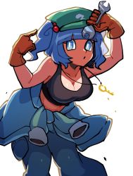 Rule 34 | 1girl, :o, black tank top, blue eyes, blue hair, blue pants, blue shirt, breasts, brown gloves, cleavage, clothes around waist, feet out of frame, flat cap, gloves, green hat, hair bobbles, hair ornament, hat, highres, holding, holding wrench, iganashi1, jewelry, kawashiro nitori, key, key necklace, large breasts, leaning forward, long sleeves, looking at viewer, medium hair, navel, necklace, one-hour drawing challenge, open mouth, pants, shirt, shirt around waist, simple background, solo, tank top, touhou, two side up, white background, wrench
