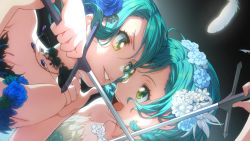 Rule 34 | 2girls, aqua hair, bad id, bad twitter id, bang dream!, bare shoulders, battle, blue flower, braid, choker, clash, close-up, duel, eye contact, feathers, flower, gem, grabbing another&#039;s chin, green eyes, grin, hair flower, hair ornament, hairband, hand on another&#039;s chin, highres, hikawa hina, hikawa sayo, holding, holding sword, holding weapon, izu (izzzzz27), jewelry, lace, lace choker, lips, long hair, looking at another, multiple girls, necklace, open mouth, short hair, siblings, side braid, sisters, smile, strapless, sword, twin braids, twins, weapon, white flower