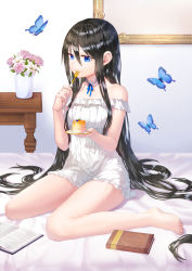Rule 34 | 1girl, aesice, bare shoulders, barefoot, black hair, blue eyes, book, bug, butterfly, cake, choker, dress, eating, flower, food, fork, frilled choker, frills, hair between eyes, highres, holding, holding saucer, insect, legs, long hair, looking at viewer, off-shoulder dress, off shoulder, open book, original, pink flower, saucer, sitting, smile, solo, vase, very long hair, wariza, white choker, white dress