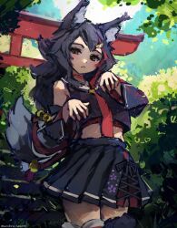 Rule 34 | 1girl, animal ear fluff, animal ears, bare shoulders, bell, black hair, black shirt, black skirt, choker, closed mouth, cowboy shot, detached sleeves, double-parted bangs, highres, hololive, long hair, looking at viewer, md5 mismatch, midriff, multicolored hair, ookami mio, ookami mio (1st costume), red choker, resolution mismatch, school uniform, serafuku, shirt, skirt, solo, source smaller, tail, umbra heartt, virtual youtuber, wolf ears, yellow eyes