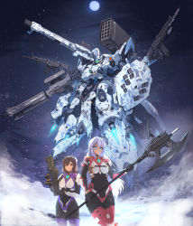 Rule 34 | 2girls, absurdres, axe, breasts, brown hair, commentary, commission, dark-skinned female, dark skin, english commentary, expressionless, extra arms, glowing, glowing eye, green eyes, gun, highres, holding, holding axe, holding gun, holding shield, holding weapon, long hair, looking at viewer, mecha, medium breasts, missile pod, multiple girls, one-eyed, original, pilot suit, red eyes, robot, science fiction, shield, shoulder cannon, silver hair, star (symbol), syaha, v-shaped eyebrows, veil, very long hair, weapon