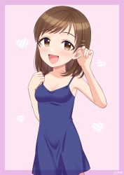 Rule 34 | 1girl, adjusting hair, aged down, blue dress, blush, breasts, brown eyes, brown hair, cleavage, commentary, cowboy shot, dress, hair ornament, hairclip, heart, highres, idolmaster, idolmaster cinderella girls, looking at viewer, medium hair, nitta minami, no bra, open mouth, pink background, small breasts, smile, solo, symbol-only commentary, wgm oekaki
