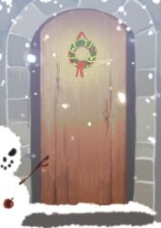 Rule 34 | apple, artist name, character request, christmas, christmas ornaments, christmas wreath, coal, commentary request, door, food, fruit, masiro, no humans, overlord (maruyama), red ribbon, ribbon, snowing, snowman, stick, still life, wooden door, wreath