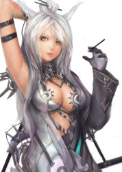 Rule 34 | 1girl, armpits, bad id, bad pixiv id, breasts, cigarette, cleavage, gloves, large breasts, long hair, miche, original, silver hair, smoking, solo, yellow eyes