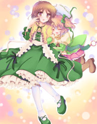 Rule 34 | 2girls, ^ ^, bad id, bad pixiv id, boots, bow, brown eyes, brown hair, character request, closed eyes, dress, frills, gathers, green dress, hair ornament, hair ribbon, happy, hat, highres, hizukiryou, mary janes, multiple girls, open mouth, original, pantyhose, petticoat, puffy sleeves, ribbon, shoes, short hair, short twintails, side ponytail, source request, surprised, twintails, white legwear
