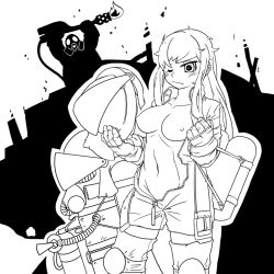 Rule 34 | 1girl, breasts, flamethrower, gas mask, greyscale, jumpsuit, large breasts, long hair, mask, monochrome, nipples, no panties, one eye closed, pyro (tf2), solo, team fortress 2, undressing, weapon