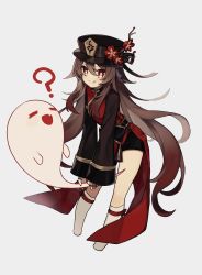 Rule 34 | 1girl, :q, ?, arm up, black hat, black nails, black shorts, blush, boo tao (genshin impact), brown hair, chinese clothes, commentary request, eyelashes, fang, flower, flower-shaped pupils, genshin impact, ghost, grey background, hair between eyes, hand up, hat, hat flower, highres, hu tao (genshin impact), jewelry, long hair, long sleeves, looking at viewer, merry-san, multiple rings, nail polish, plum blossoms, porkpie hat, red eyes, red flower, red shirt, ribbon, ring, shirt, shoes, short shorts, shorts, sidelocks, skin fang, socks, solo, symbol-shaped pupils, tailcoat, tassel, tongue, tongue out, twintails, very long hair, white background, wide sleeves