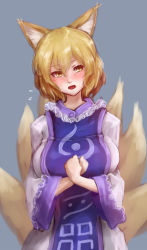 Rule 34 | 1girl, animal ears, blonde hair, blush, breasts, dress, female focus, flying sweatdrops, fox ears, fox tail, head tilt, highres, hoshibuchi, large breasts, long sleeves, looking at viewer, multiple tails, no headwear, no headwear, open mouth, short hair, solo, tabard, tail, touhou, white dress, wide sleeves, yakumo ran