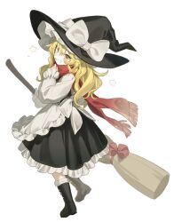 Rule 34 | 1girl, apron, artist name, back bow, black dress, black footwear, black hat, blonde hair, blush, boots, bow, broom, commentary request, dress, frills, full body, hair between eyes, hands up, hat, hat bow, highres, holding, holding broom, jill 07km, kirisame marisa, long hair, long sleeves, looking at viewer, puffy long sleeves, puffy sleeves, red scarf, scarf, shirt, simple background, smile, snowflake print, solo, standing, star (symbol), teeth, touhou, white apron, white background, white bow, white shirt, witch hat, yellow eyes