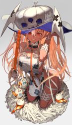 Rule 34 | 1girl, alternate costume, apron, belt, blonde hair, collar, dark-skinned female, dark skin, elfriend (shiranui flare), gradient background, grey background, halloween, hat, highres, holding, holding clothes, holding hat, hololive, kneeling, lack, large hat, long hair, looking at viewer, multicolored hair, nearly naked apron, nest, no bra, pointy ears, red eyes, shiranui flare, smile, solo, streaked hair, virtual youtuber