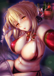 Rule 34 | 1girl, alcohol, alternate breast size, alternate costume, apron, artoria pendragon (all), artoria pendragon (alter swimsuit rider) (fate), artoria pendragon (alter swimsuit rider) (second ascension) (fate), artoria pendragon (fate), bed, bikini, black bikini, black bow, blonde hair, blush, bottle, bow, braid, breasts, christmas, collarbone, cup, drinking glass, elbow gloves, fate/grand order, fate (series), french braid, frilled apron, frilled hairband, frills, gloves, glowing, glowing eyes, hair bow, hair bun, hairband, head tilt, hirasawa seiji, holding, indoors, large breasts, looking at viewer, medium hair, micro bikini, navel, nose blush, on bed, open mouth, outstretched arm, red bikini, red bow, red eyes, red gloves, saber alter, shiny skin, sidelocks, single glove, single hair bun, sitting, solo, swimsuit, waist apron, wine, wine bottle, wine glass