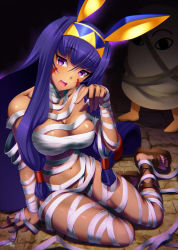 Rule 34 | 1girl, absurdres, animal ears, bandages, blue hair, breasts, dark-skinned female, dark skin, emanon123, facial mark, fate/grand order, fate (series), hairband, highres, long hair, medium breasts, medjed (fate), naked bandage, nitocris (fate), open mouth, purple eyes, sandals, sidelocks, very long hair