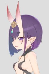 Rule 34 | 1girl, bare shoulders, blush, bob cut, breasts, collarbone, coyomin, eyeliner, fang, fate/grand order, fate (series), grey background, headpiece, highres, horns, looking at viewer, makeup, oni, open mouth, pointy ears, purple eyes, purple hair, revealing clothes, short eyebrows, short hair, shuten douji (fate), simple background, skin-covered horns, small breasts, smile, solo, upper body