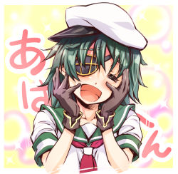 Rule 34 | 10s, 1girl, = =, blush, brown gloves, eyepatch, closed eyes, gloves, green hair, hands on own cheeks, hands on own face, hat, highres, kantai collection, kiso (kancolle), open mouth, sailor hat, school uniform, serafuku, short hair, smile, solo, suzuki24
