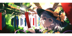 Rule 34 | 1girl, aqua eyes, bad id, bad pixiv id, black hat, blurry, bow, dappled sunlight, day, depth of field, dise (psychoro), grey hair, hat, hat ribbon, highres, komeiji koishi, letterboxed, long sleeves, looking away, nail polish, outdoors, paper, portrait, reaching, ribbon, short hair, smile, solo, sun hat, sunlight, touhou, wind chime, yellow bow, yellow nails