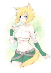 Rule 34 | 1girl, animal ears, bandaged arm, bandages, bare shoulders, belt, blonde hair, blue eyes, blush, breasts, closed mouth, commentary, commission, cowboy shot, detached sleeves, english commentary, green background, green skirt, highres, long sleeves, looking at viewer, medium breasts, navel, original, peachpii, short hair, skirt, smile, solo, standing, swept bangs, tail
